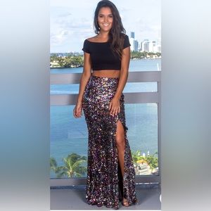 Long Multi Color Sequin Maxi Skirt with Slit - stunning!